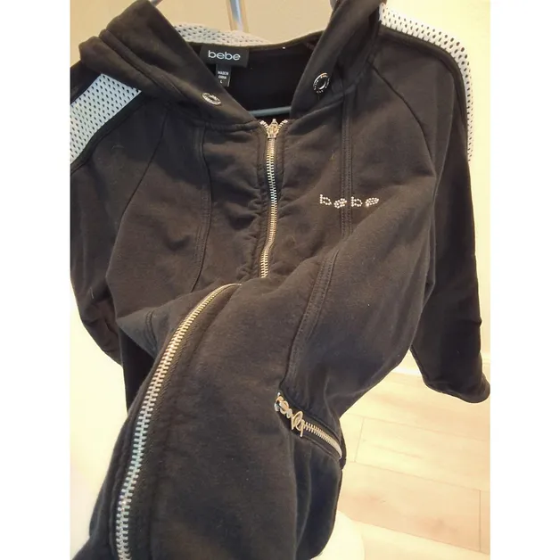 Bebe Short Zip Up Hoodie Y2K Style Womens L Black White Stripe Rhinestone Logo - Image 7