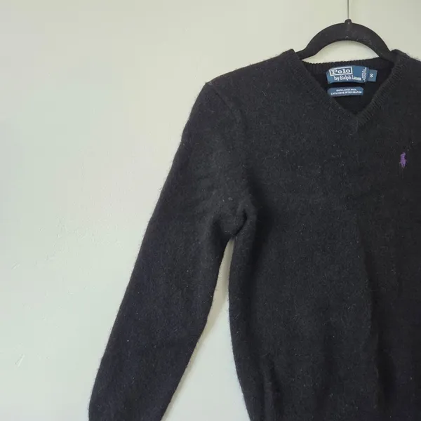 Polo Ralph Lauren 100% Lambswool Sweater Black Purple Pony Women Small *Flawed* - Image 3