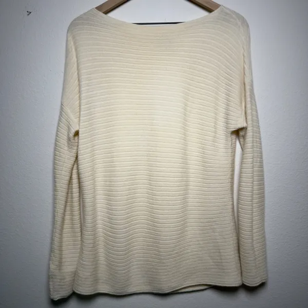 Vince Women 100% Cashmere Sweater M Off White Horizontal Ribbed Boat Neck - Image 2
