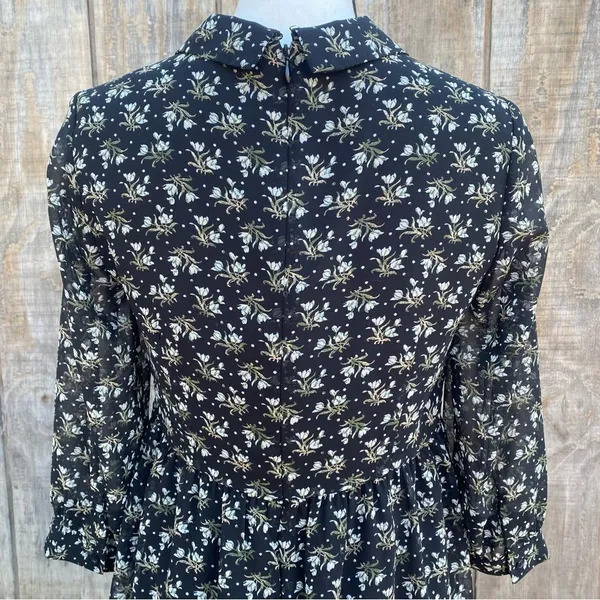 Uniqlo Baby Doll 3/4 Sleeve Dress Black Ditsy Floral Peter Pan Collar Size M - Image 6