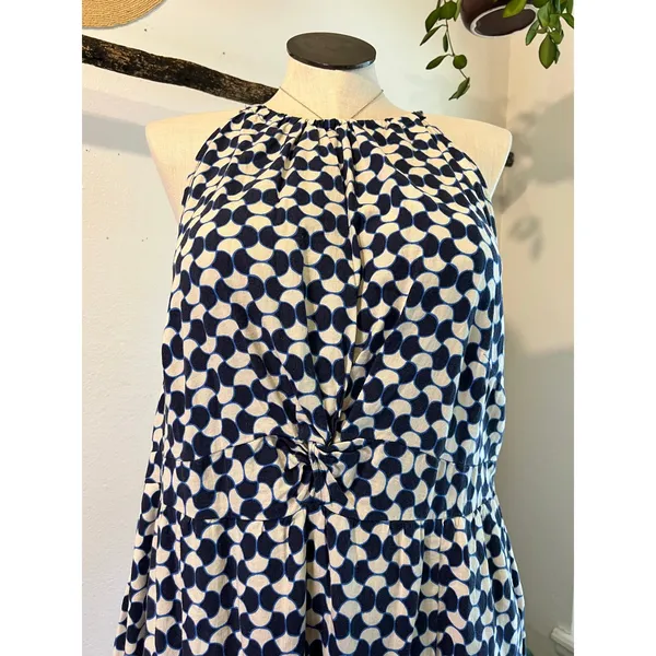 Ava & Viv Blue Linen Blend Mod Retro Print High Neck A Line Dress Size 2X - Image 13