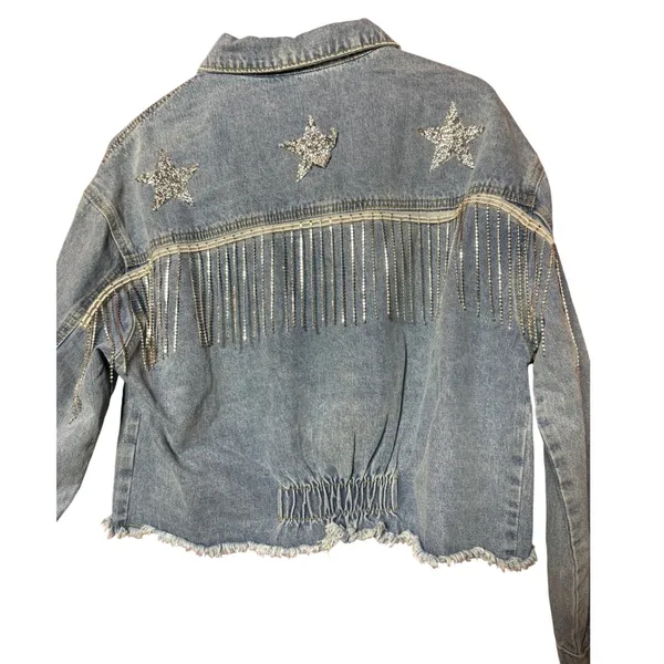 NWT Joiemont Women XL Light Wash Distressed Denim Jacket Rhinestone Stars Fringe - Image 4