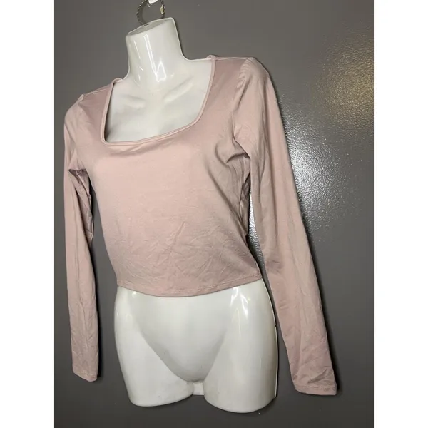 Hollister Shirt Womens Small Pink Square Neck Long Sleeve Cropped Stretch Top - Image 4