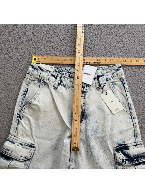 Forever 21 Premium Denim Cargo Jeans 25 Women Light Relaxed Fit Baggy Wide Y2K - Image 3
