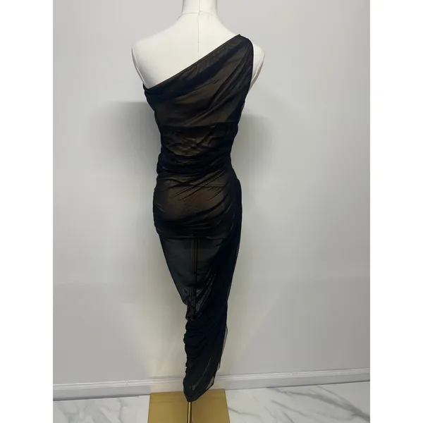 Norma Kamali‎ Diana Gown Black Sheer Mesh Ruched One Shoulder Dress Small - Image 4