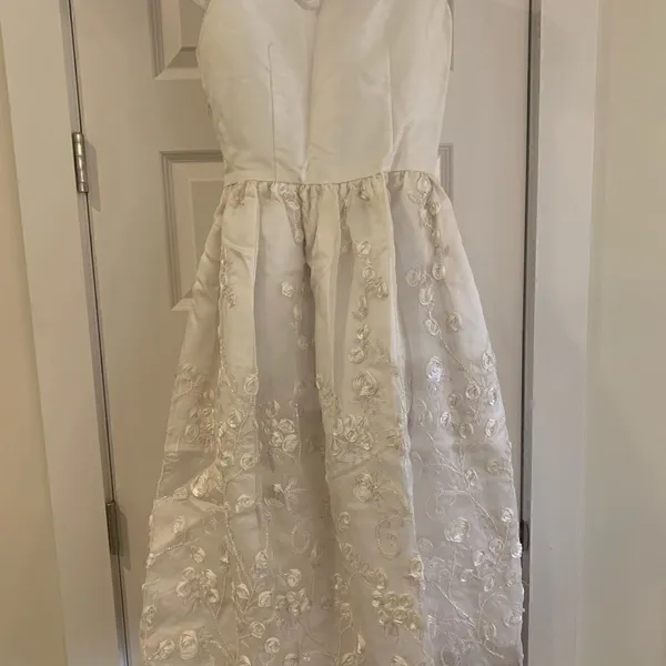 Ivory Satin Floral Embroidered‎ Organza Midi Dress Rosettes Beads Wedding Formal - Image 5