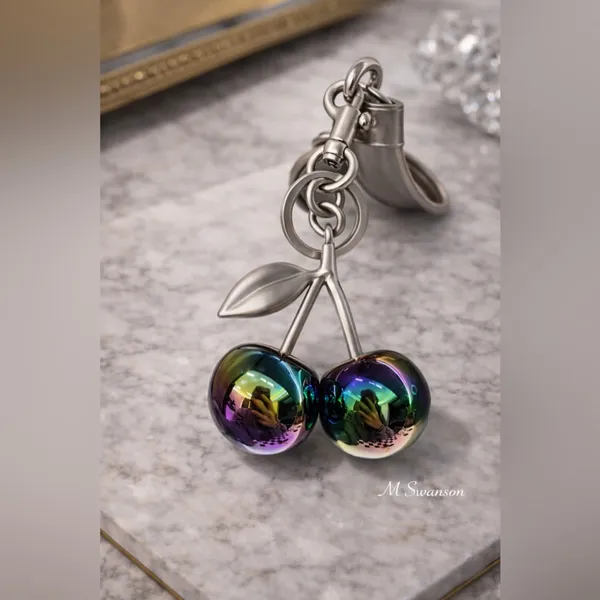NEW Oil Slick Cherry Charm Keychain Brushed Silver Multicolor NWT - Image 2