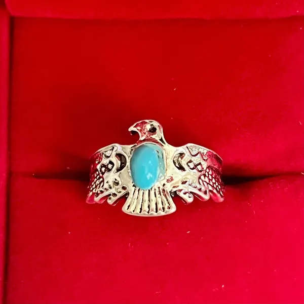 Navajo Turquoise Thunderbird Silver Ring Size 6 - Image 2