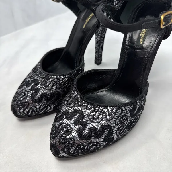Dolce & Gabbana Vintage Y2K Embroidered Glitter Mary Jane Ankle Strap Heels 37.5 - Image 4