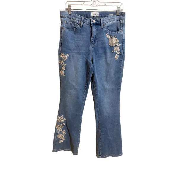 Nicole Miller Soho Bootcut Jeans Womens 8 Blue Excellent Floral Embroidered High - Image 2