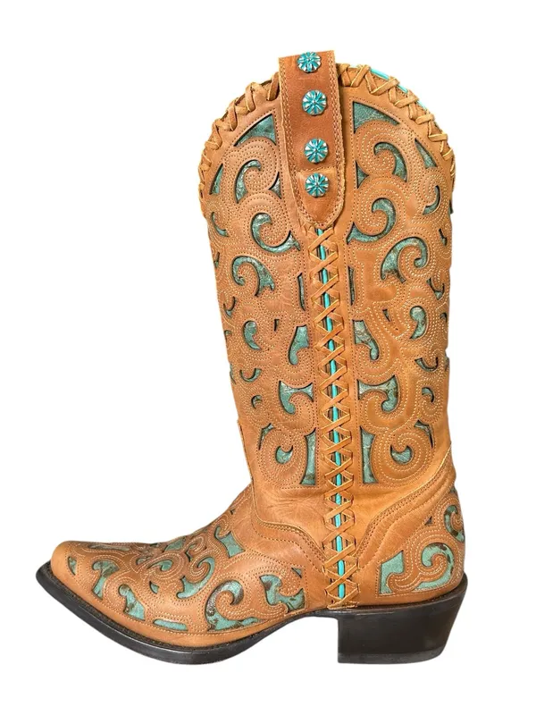 J.B. Dillon Turquoise Leather Cutout Pointed Toe boots Western Coastal Cowgirl 7 - Image 4