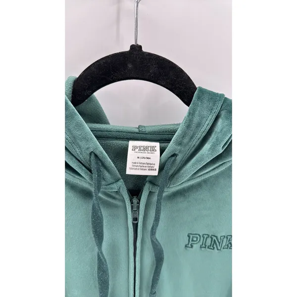 Pink Victoria’s Secret Y2K green velvet full zip hoodie size M casual athleisure - Image 4