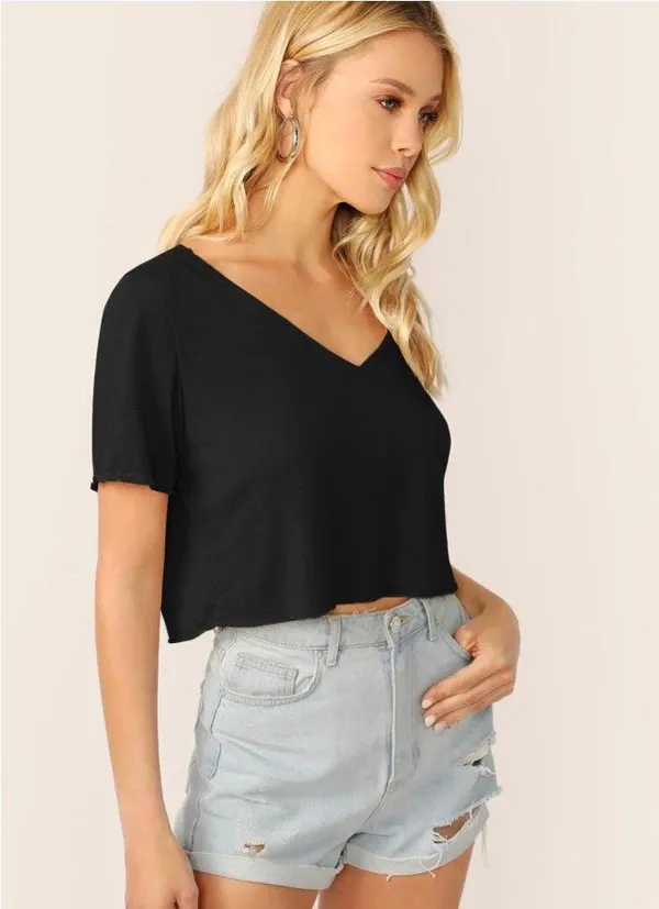 Verdusa Women's Solid V Neck Crop T Shirt Top Causal Short Sleeve Tee Top Size S - Image 3