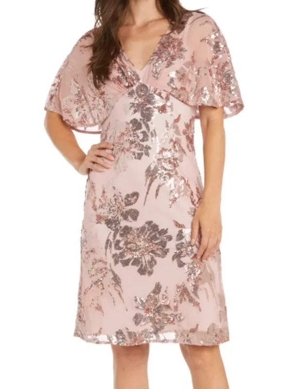 NWT R&M Richard Sequin Floral Cocktail Dress with Sheer Overlay Cape Rose 12P - Image 5
