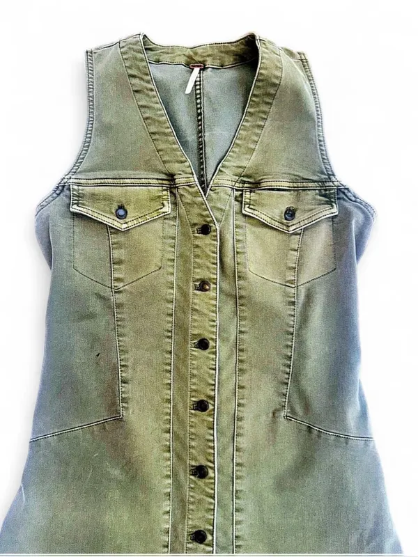 Free People Clean Break Denim Mini Dress Green Acid Wash Stretch Denim Size 8 - Image 4