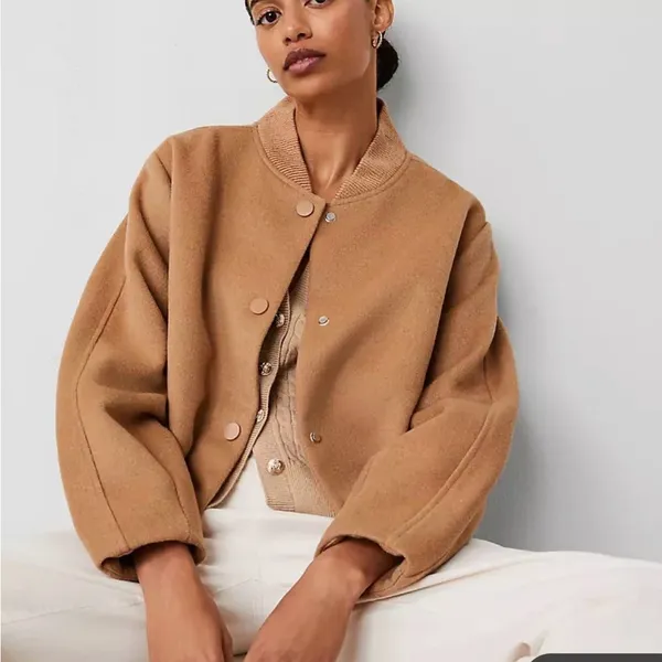 Ann Taylor Snap Front Bomber Tan Jacket - Image 2