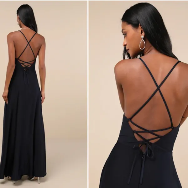 LULU's Sexy Prom Wedding Bridesmaid Satin Elegant Navy Maxi Dress - Image 5