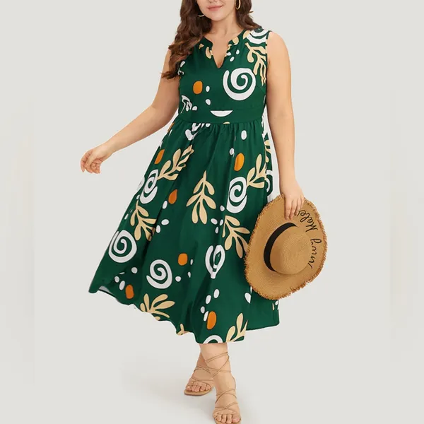 Scroll Graphic Print Notched Pocket Sleeveless Dress-Green-Large/Size 12 - Image 4