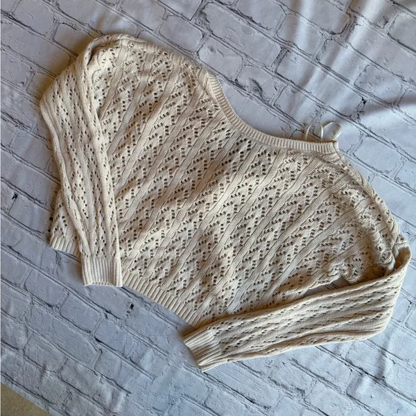 Hollister Open Knit Top Shrug Sweater Neutral Womens Twist Front Crop - Image 6