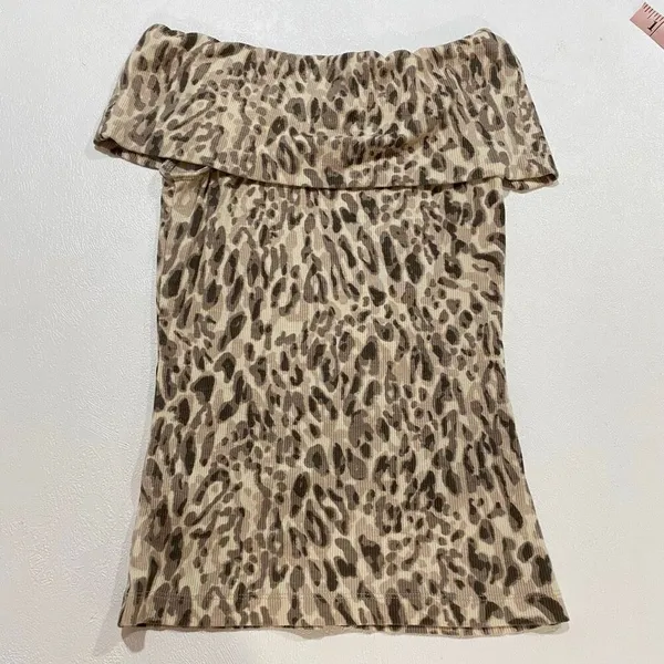 Pilcro Anthropologie Leopard Off Shoulder Ribbed Mini Dress XS Animal Print - Image 3