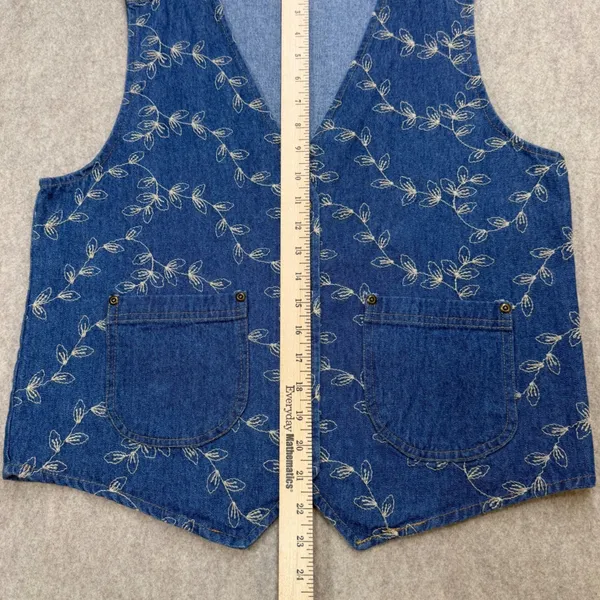 Vintage Cottagecore Embroidered Floral Denim Vest Women Medium Blue Boho Western - Image 6