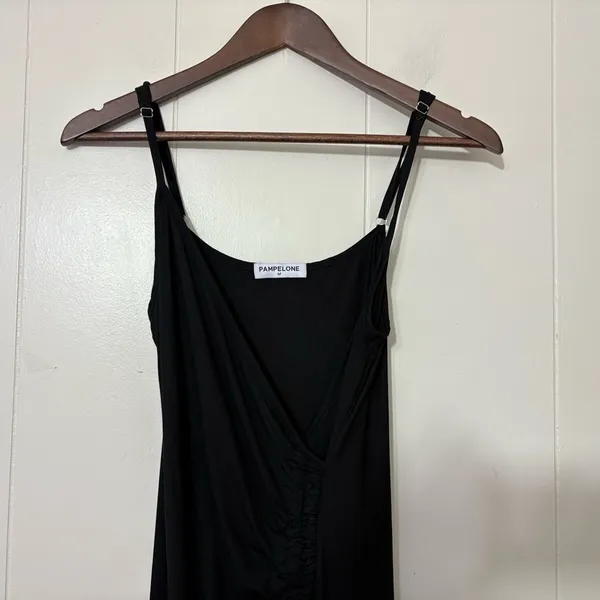 Pampelone Black Ruched Midi Dress Wrap Draped Spaghetti Strap Size M - Image 5