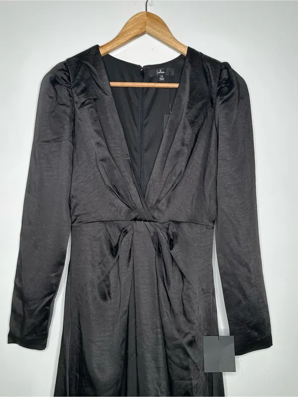 Lulus NWT Endearing Elegance Black Satin Long Sleeve Plunge Maxi Dress Size XS - Image 5