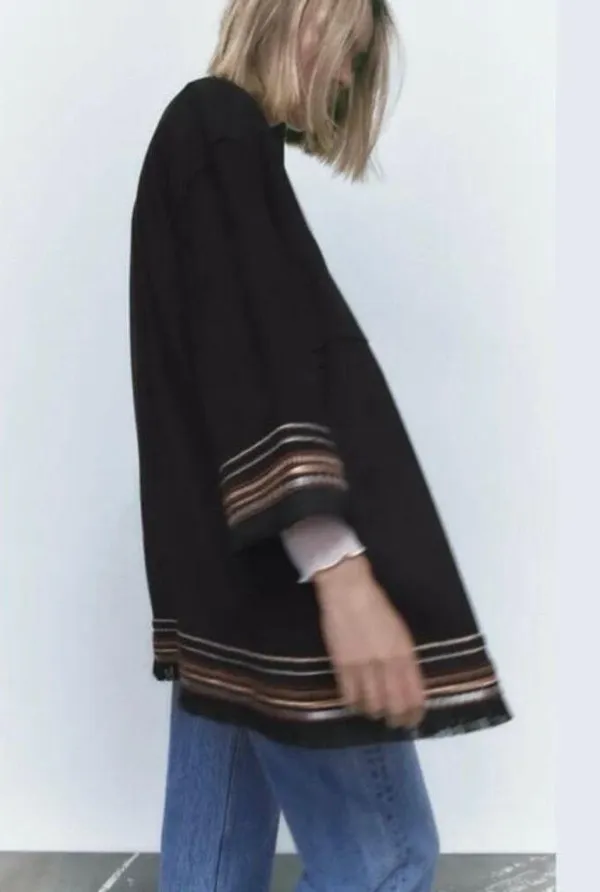 ZARA Women's L Combination Faux Suede Embroidered Jacket Boho Western Black - Image 7