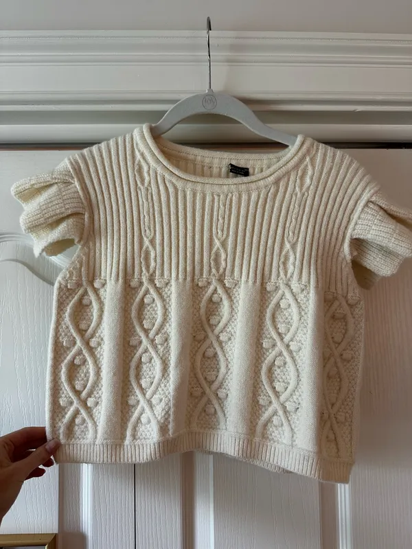 Cream Cable Knit Cropped Sweater Top Tan - Image 3