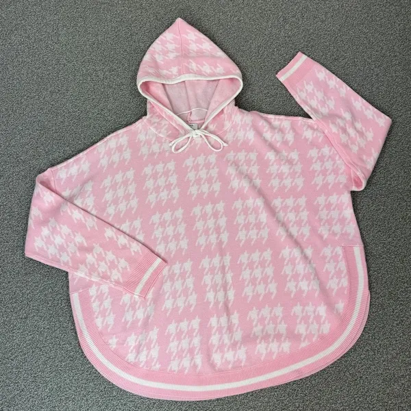 Crown & Ivy Houndstooth‎ Hooded Long Sleeve Poncho Sweater Pink White Large - Image 12