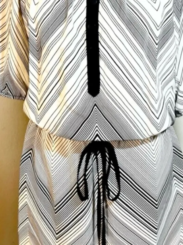 💥Trina Turk Silk Chevron Blouson Drawstring Waist Dress Black Ivory Sz 4💛 - Image 8