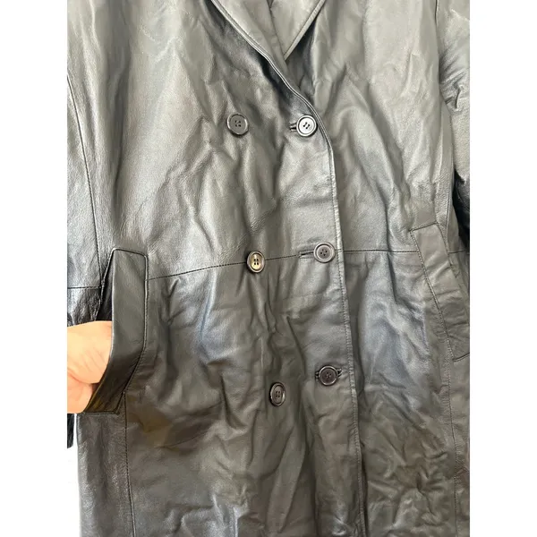 NYDA Black Leather Double Breasted Long‎ Trench Coat Women's Size L Goth Office - Image 2