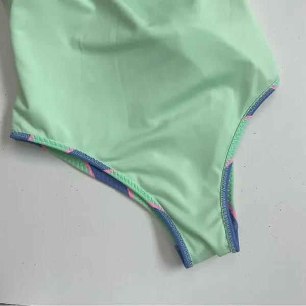 Fabletics Swimsuit Leotard Striped Tie Front Back Scoop Back Green Blue Pink - Image 8