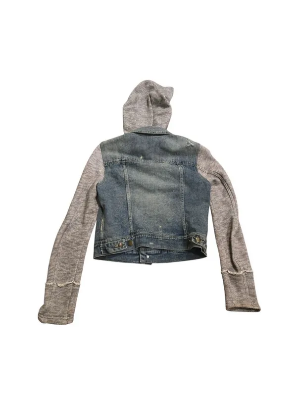 Free People | Distressed Knit Sleeve Denim Jacket S Grunge Hooded‎ Streetwear - Image 3
