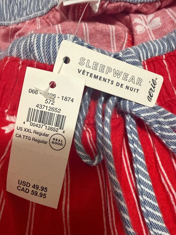 Aerie NWT flannel red white bows stripes pajama pants drawstring woman size XXL - Image 5