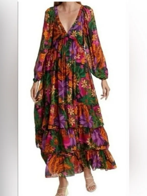 FARM Rio Star Fruit Floral Tiered Maxi Dress in Purple, Green & Yellow Sz Small - Image 2