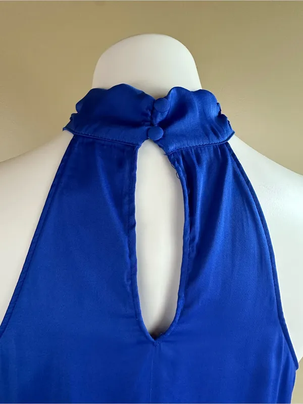 Naked Zebra Royal Blue Satin Halter Top Medium Tie Neck Keyhole Blouse Silky - Image 5