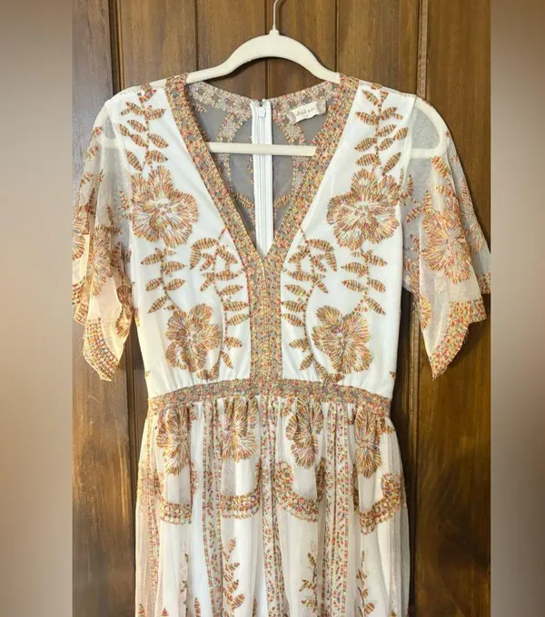 Altar’d State Elegant Cream and Brown Embroidered Dress - Image 3