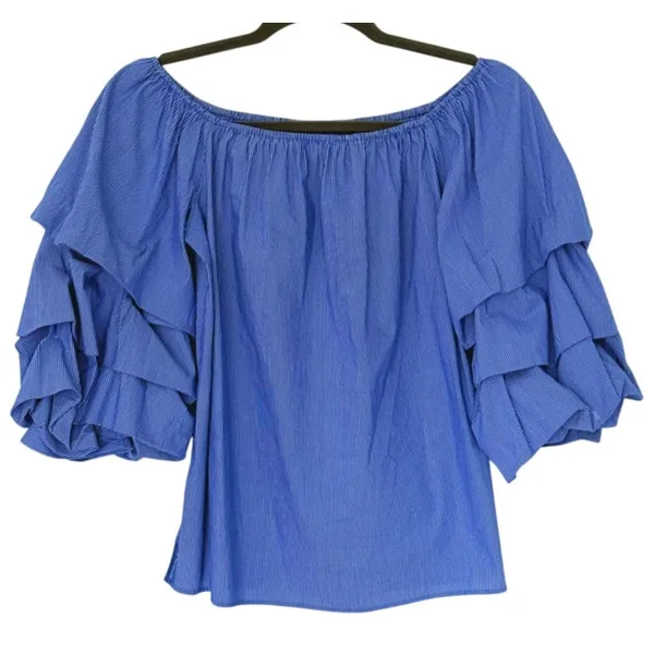 Zara Tiered Ruffle Off Shoulder Top XS Blue Pinstripe Retro European Coastal - Image 2