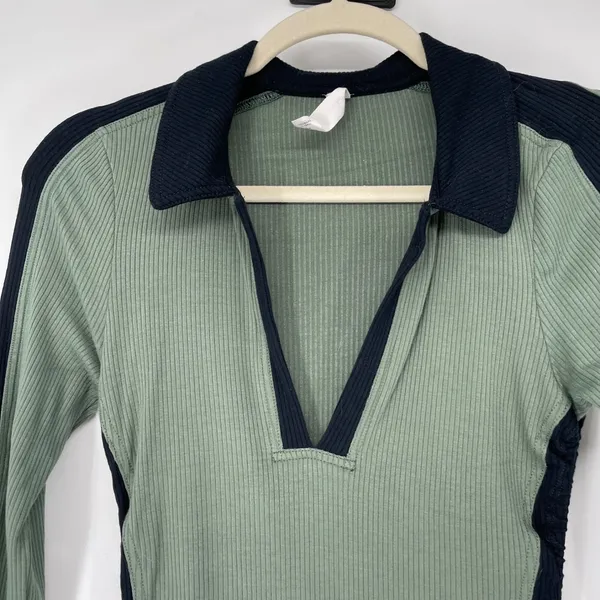 Daily Practice Grewn Ribbed Contrast‎ Collar Ruched Bodycon Dress XS Athleisure - Image 3