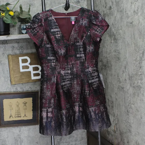NWT Vince Camuto Womens Jacquard Fit & Flare Puff-Sleeve Dress Wine Red Multi 16 - Image 4
