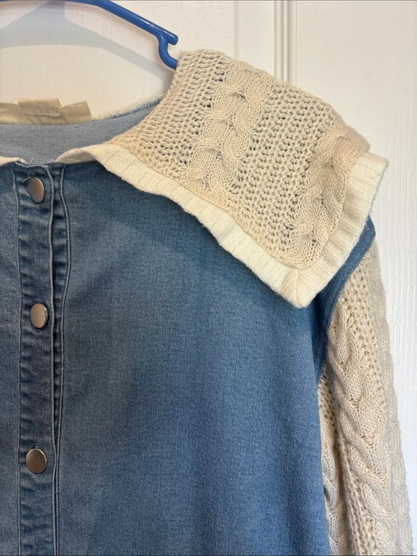 Ruby Rd Brand Blue Stretch Denim With Knit Sleeves And Collar Button Closure - Image 11