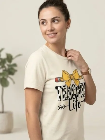 Teacher Life Graphic T-Shirt cream Round Neck Short Sleeve Cotton Tee Size M - Image 7