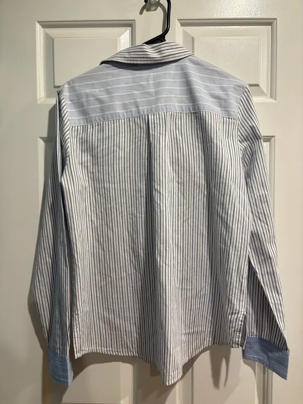 Desigual Lian shirt button down patches rhinestones blue white stripes sz S - Image 7