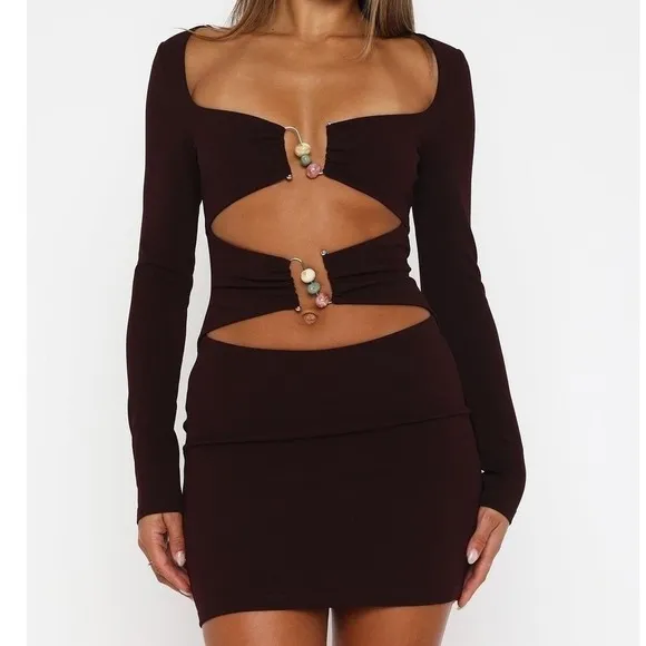 White Fox One‎ Desire Mini Dress Small Dark Burgundy Cutout Long Sleeve Beaded - Image 12