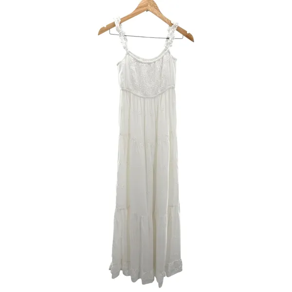 White Eyelet Cotton Embroidered Tiered Maxi Dress Ruffle Strap Boho Cottagecore‎ - Image 5