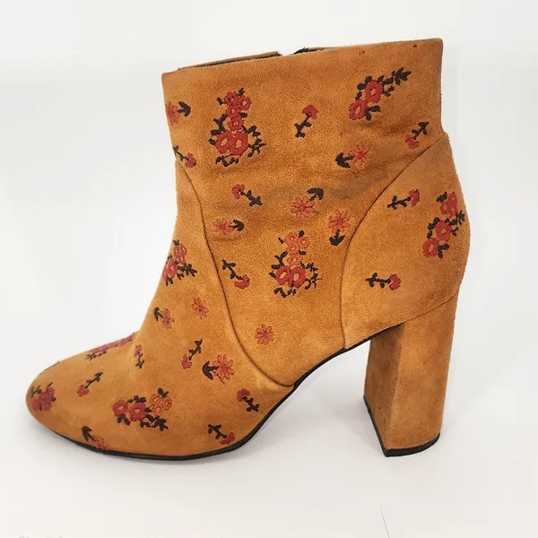 Bocage Cognac Suede Floral Embroidered Ankle Booties Block Heel EU 40 (US 9) - Image 4