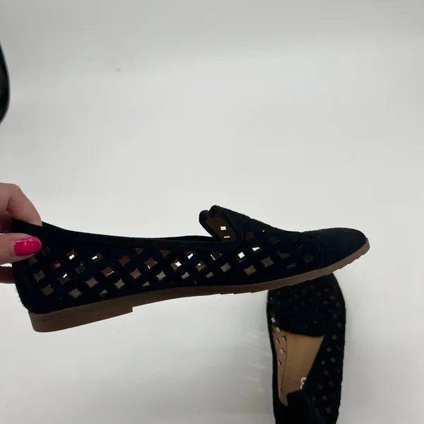 Franco Sarto black leather laser cut upper slip on almond toe flats boho size 9 - Image 4
