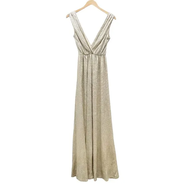 Lulus All that Shimmers is Gold Light Gold Maxi Plunging Neck Dress Size XS - Image 3