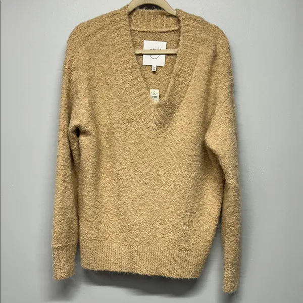Aerie Teddy Boucle V-Neck‎ Sweater Tan Beige Oversized Cozy XS NWT - Image 2